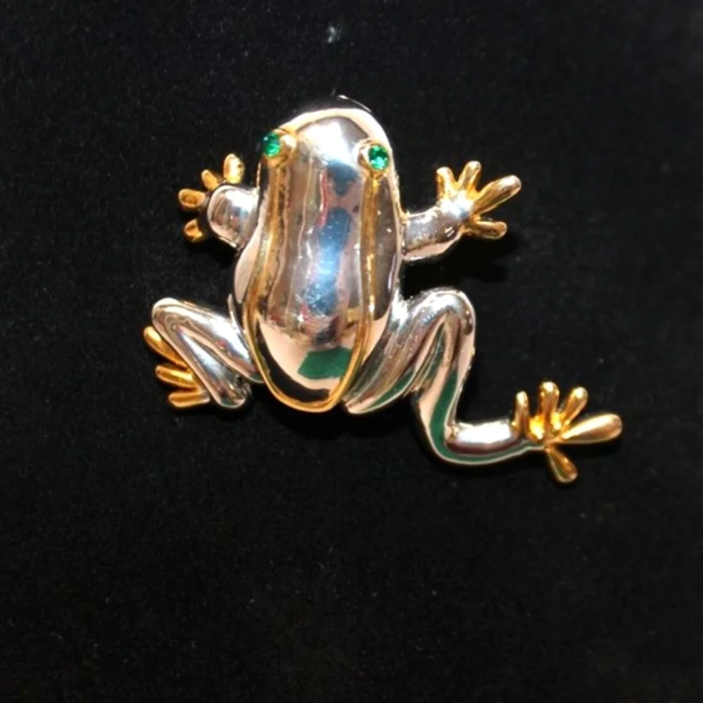Silver and Gold Trimmed Frog Brooch with Green Eyes